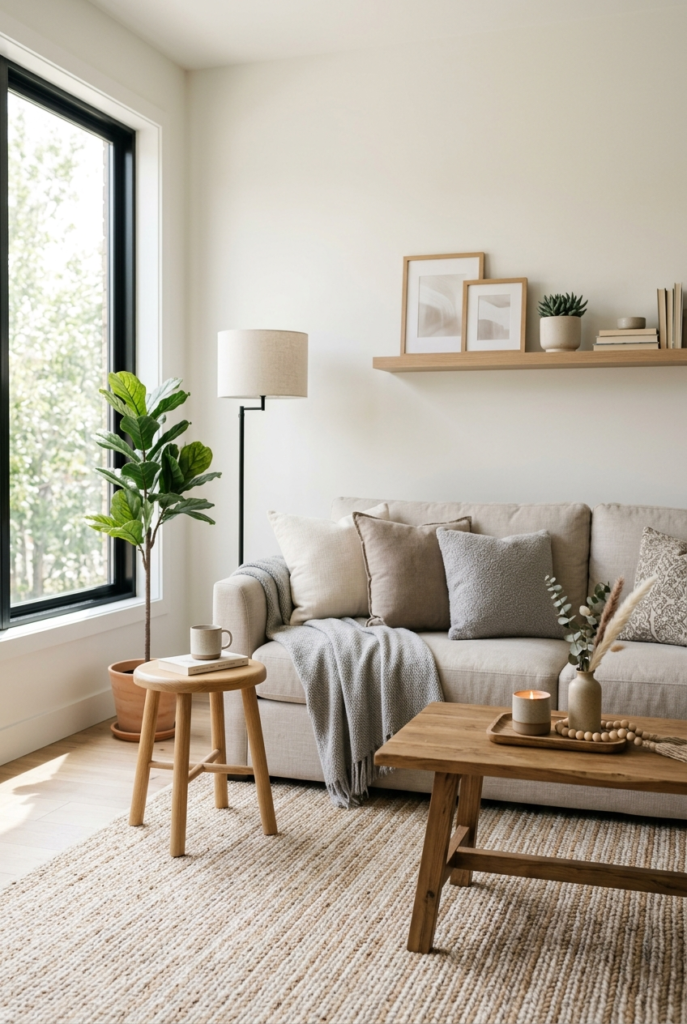 Wood accents incorporated in to a neutral space for added warmth