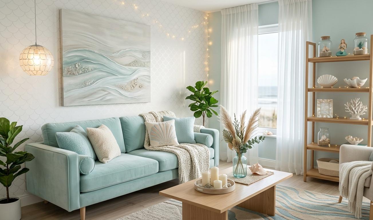 Mermaid-inspired living room with aqua sofa and coastal decor