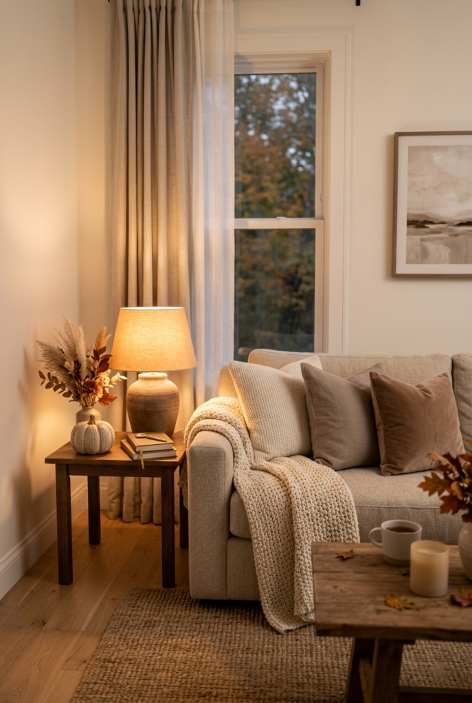Room illuminated with warm and soft lightening creating a cozy atmosphere