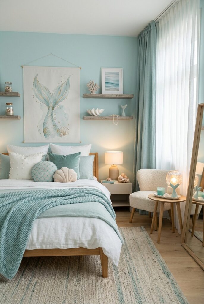 mermaid theme bedroom with beautiful rug and wall art
