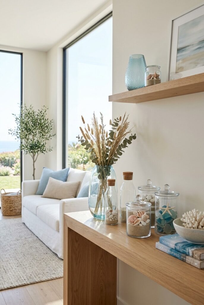 Elegant glass showpiece with seashells for room decorations