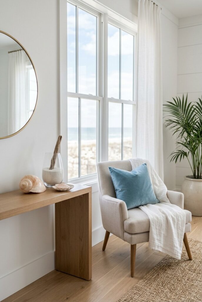 Simple white theme decor ideas with mirror and ocean theme