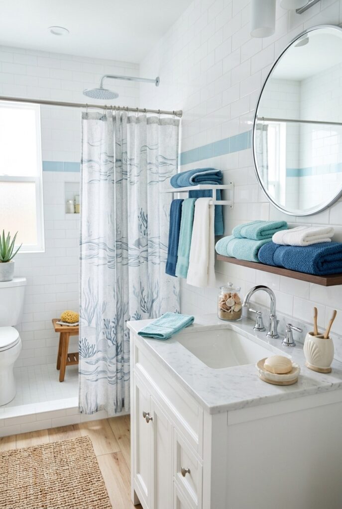 mermaid-themed bathroom setup with ocean colors and decor