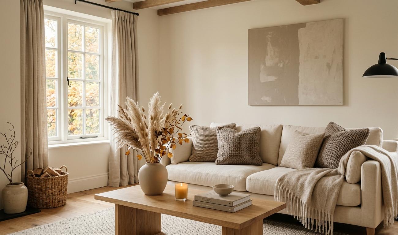 Minimalist neutral fall decor setup with soft warm tones and simple styling