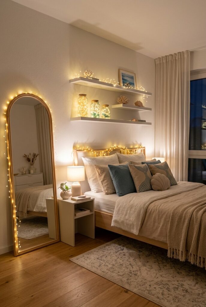 Soft fairy lights in mermaid themed room decor