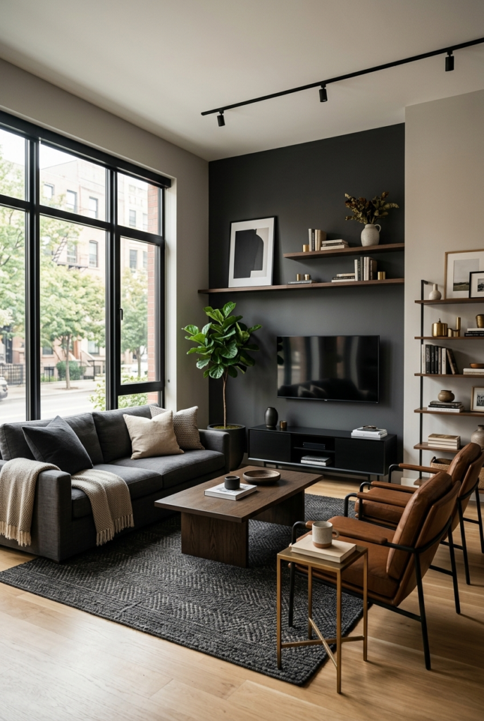 Masculine living room with darker color palette
