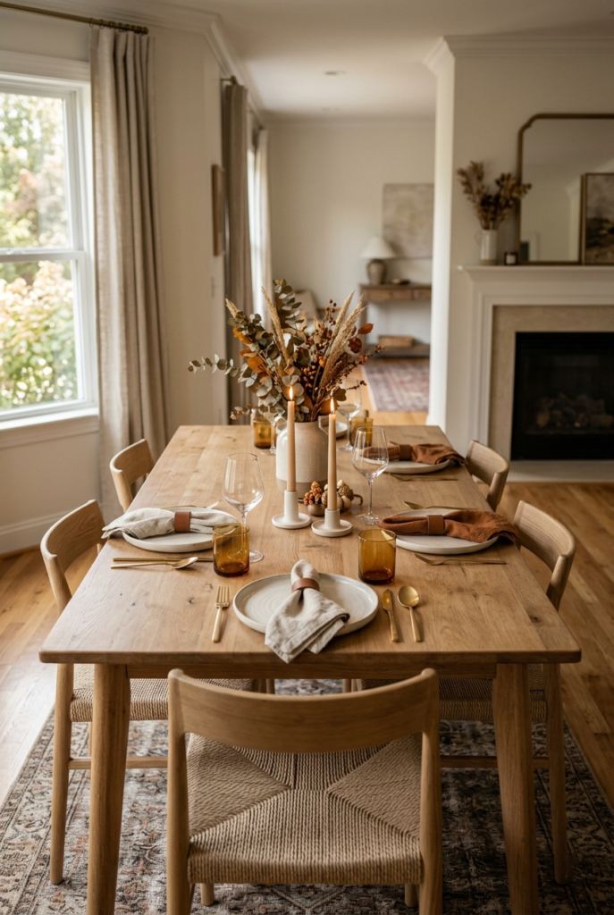 Start with the dining table as the main focus, then style the surrounding space to create a balanced and welcoming setup.