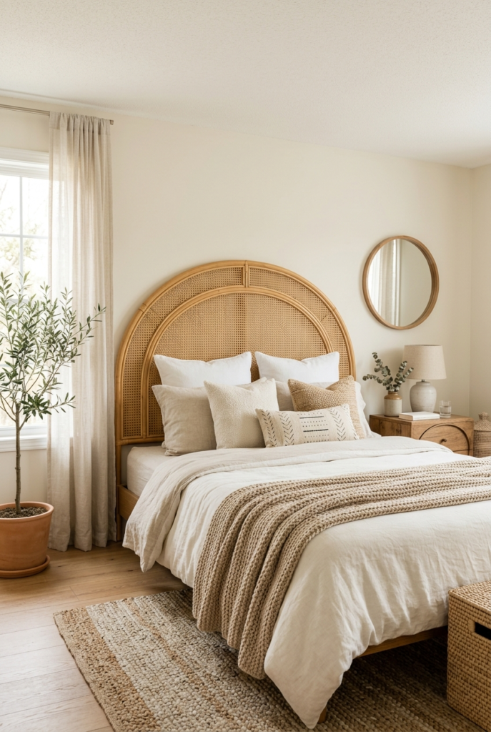 Warm neutral walls with rattan.
