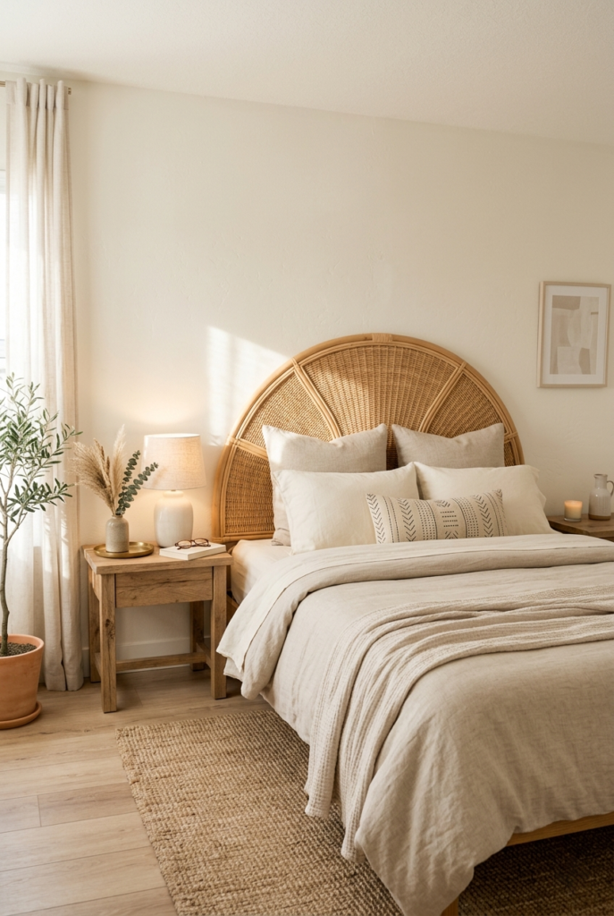 Warm neutral walls with rattan.