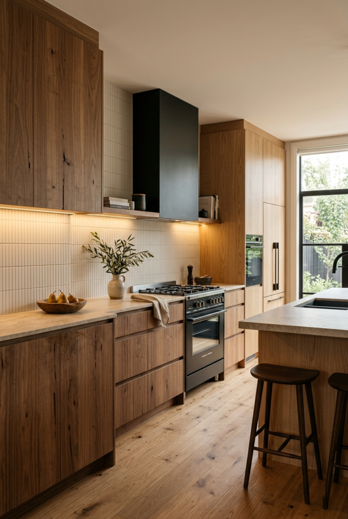 Warm wood cabinets in modern kitchen
