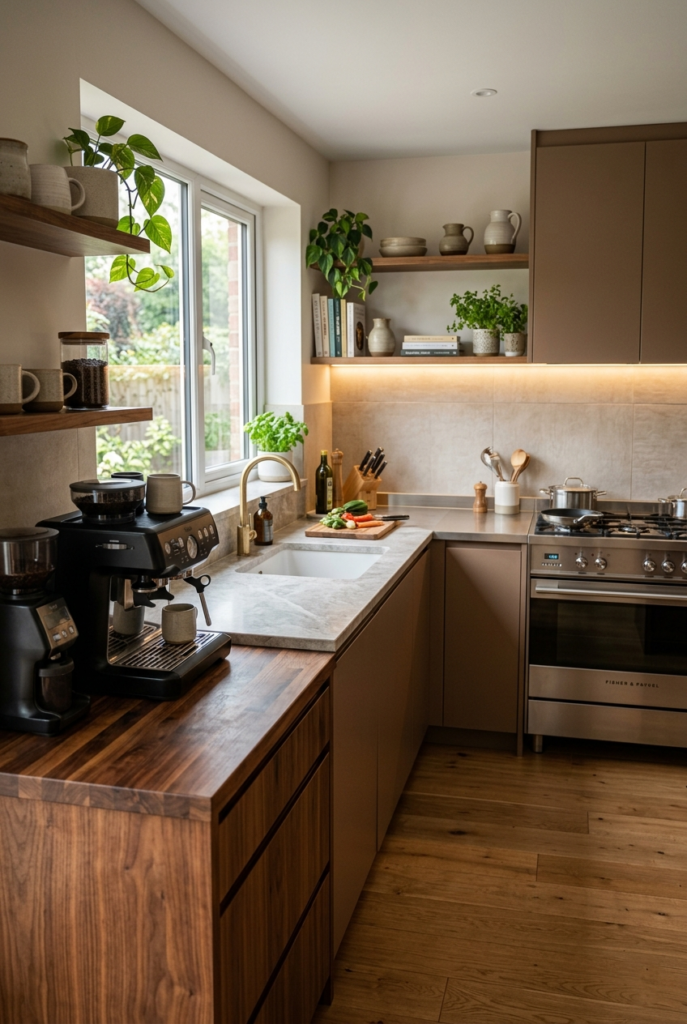 Mixed countertop materials in stylish kitchen