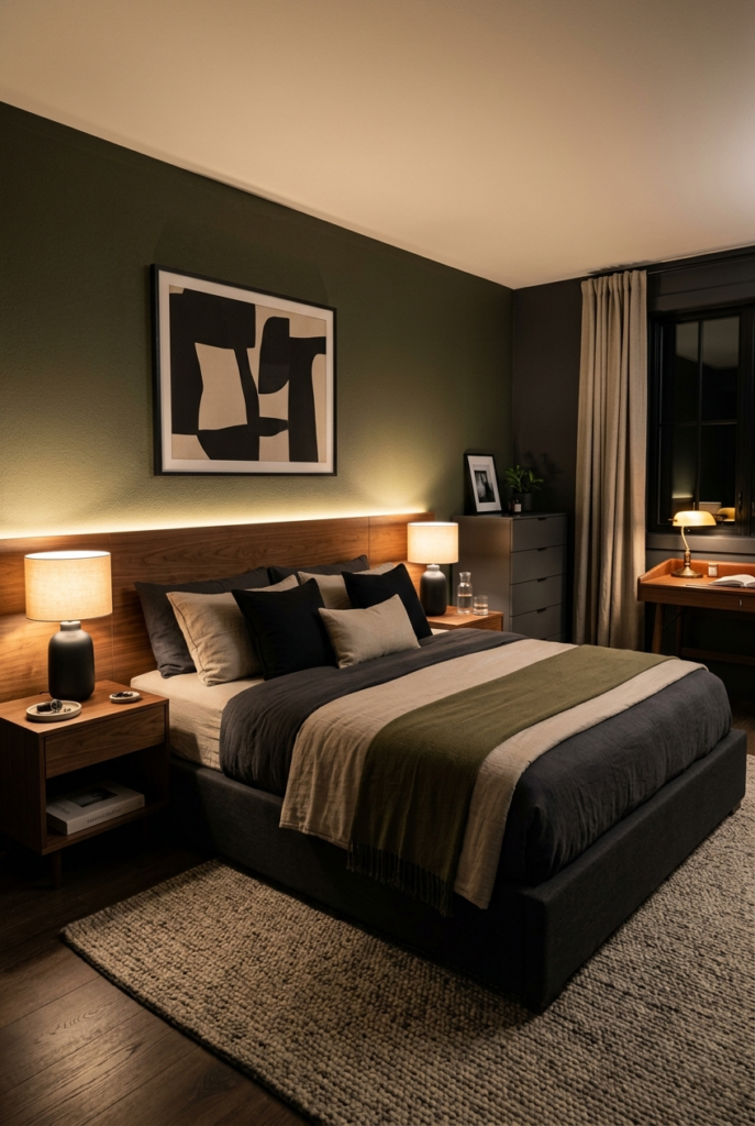 Warm lighting in modern men’s bedroom