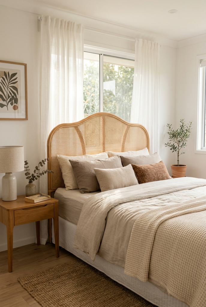 Minimal cushions on cozy bed.