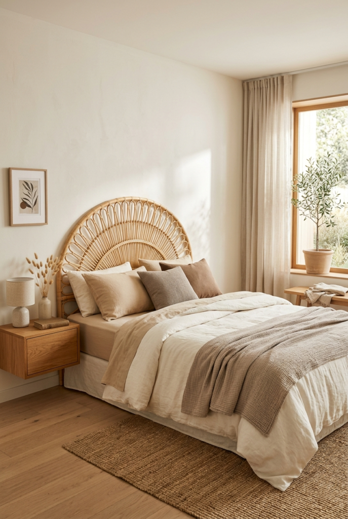 Minimal cushions on cozy bed.
