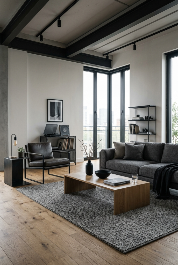 Spacious masculine living room with easy flow