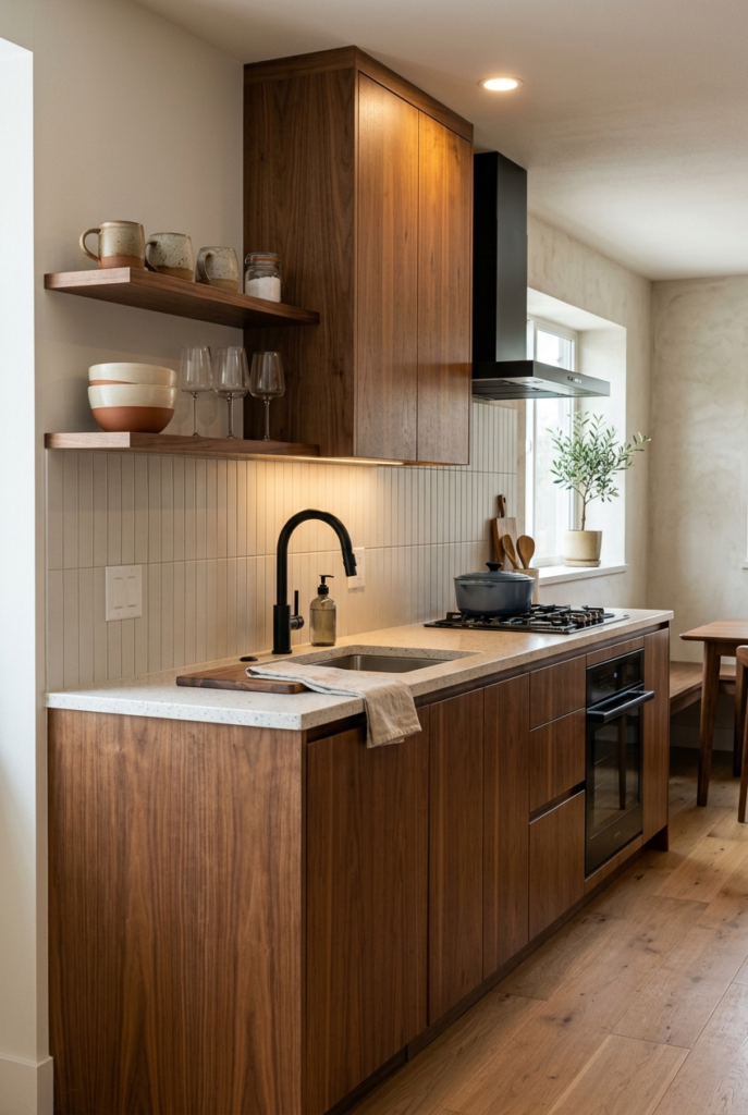 Small open shelves in modern kitchen