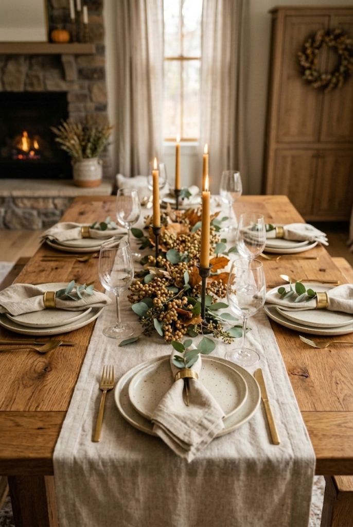 A table runner instead of a full tablecloth adds structure and style to the table while keeping the overall look lighter, more modern, and easy to maintain.