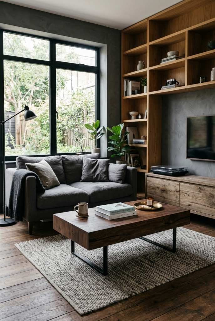 Masculine interior with natural wood textures