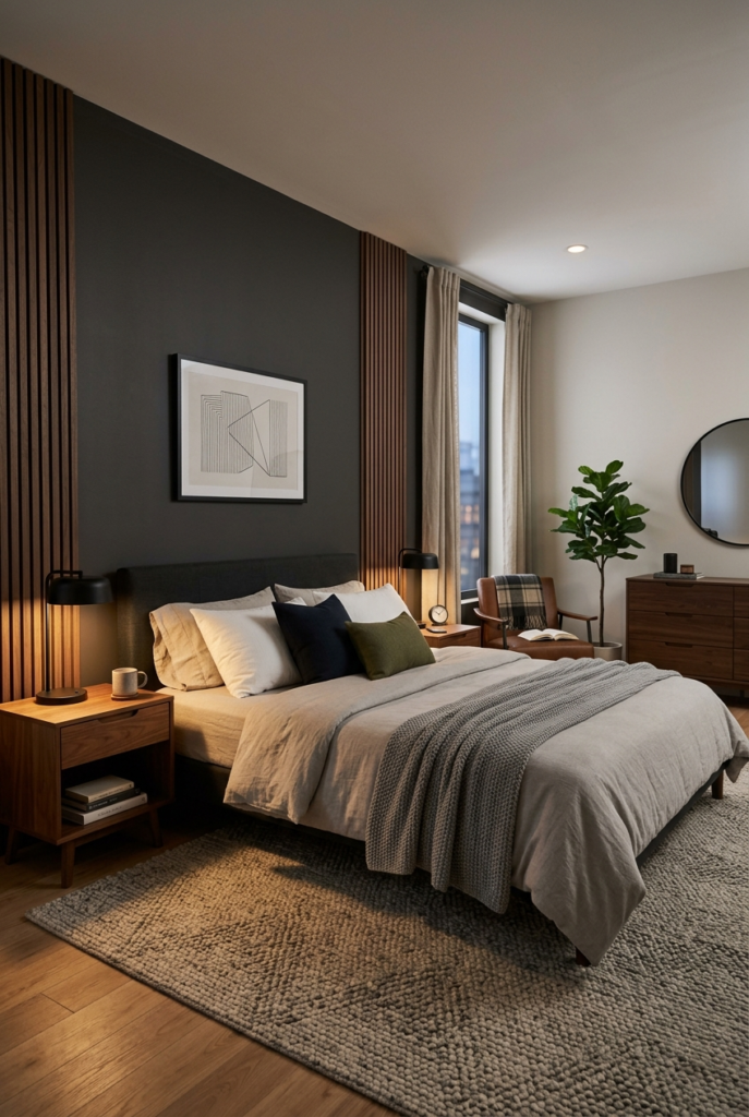 Dark accent wall in modern bedroom
