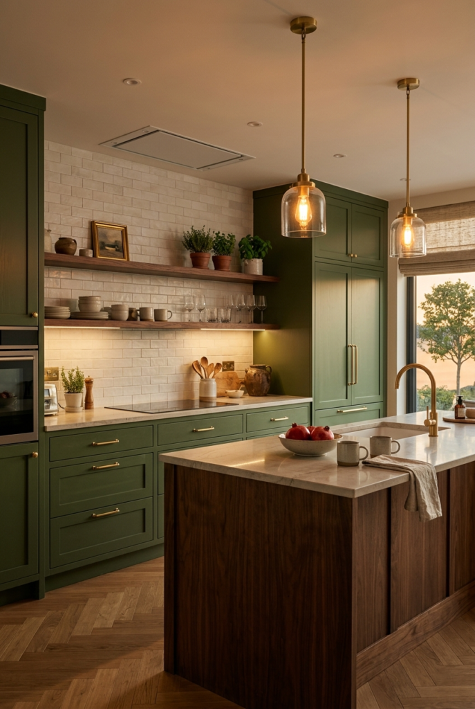 Deep green kitchen interior design