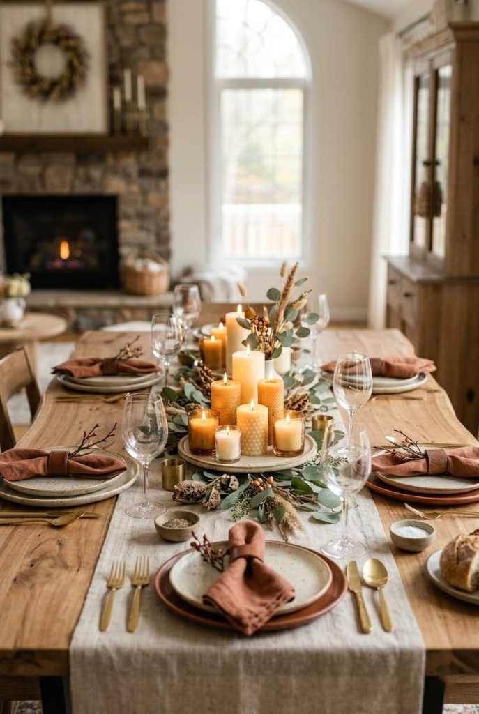 Keep candles short and grouped together for a cozy and elegant dining table look.