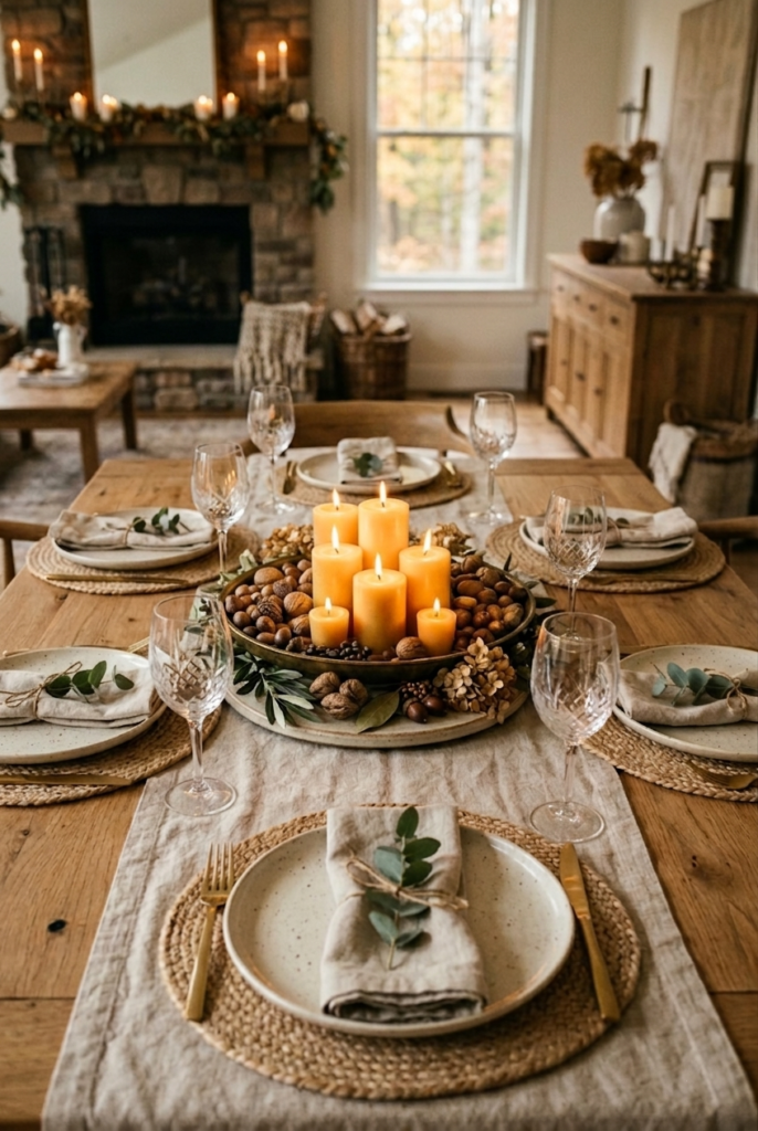 Short, grouped candles create a soft glow on the table while keeping sight lines clear and the overall setup elegant and uncluttered.