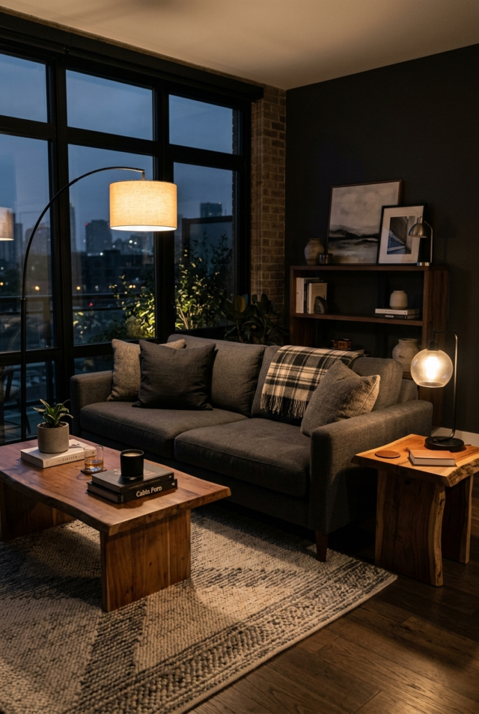 Warm evening lighting in men’s living room