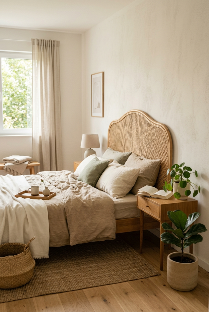 Minimal plants for calm bedroom.