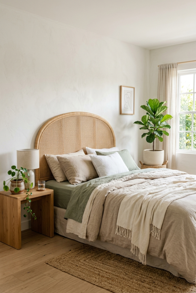 Minimal plants for calm bedroom.