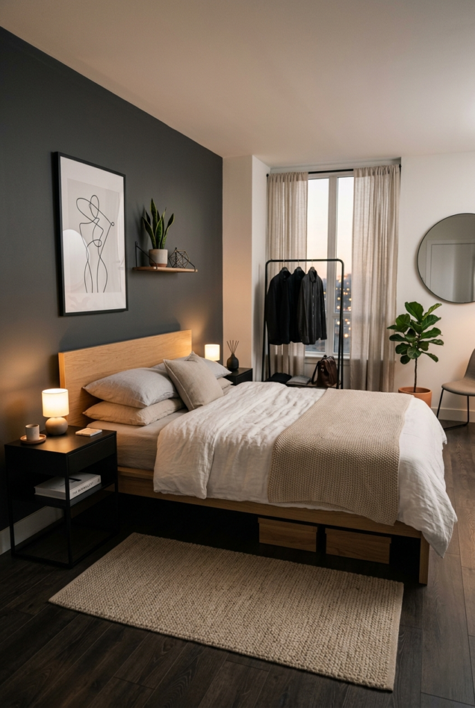 Clutter-free surfaces in modern bedroom