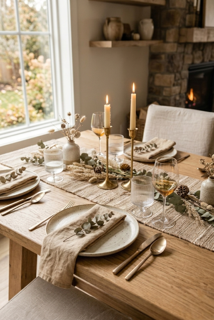 Mixing materials like linen, wood, and ceramics adds depth and texture to your table setting without overwhelming it with extra colors.