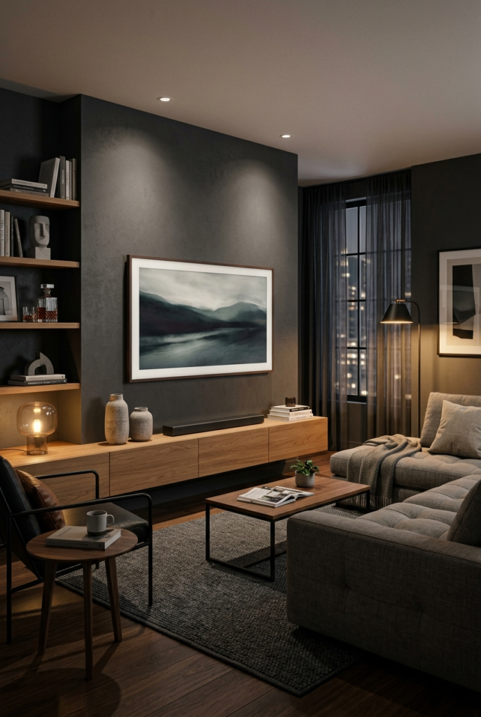 Minimal living room with integrated TV setup