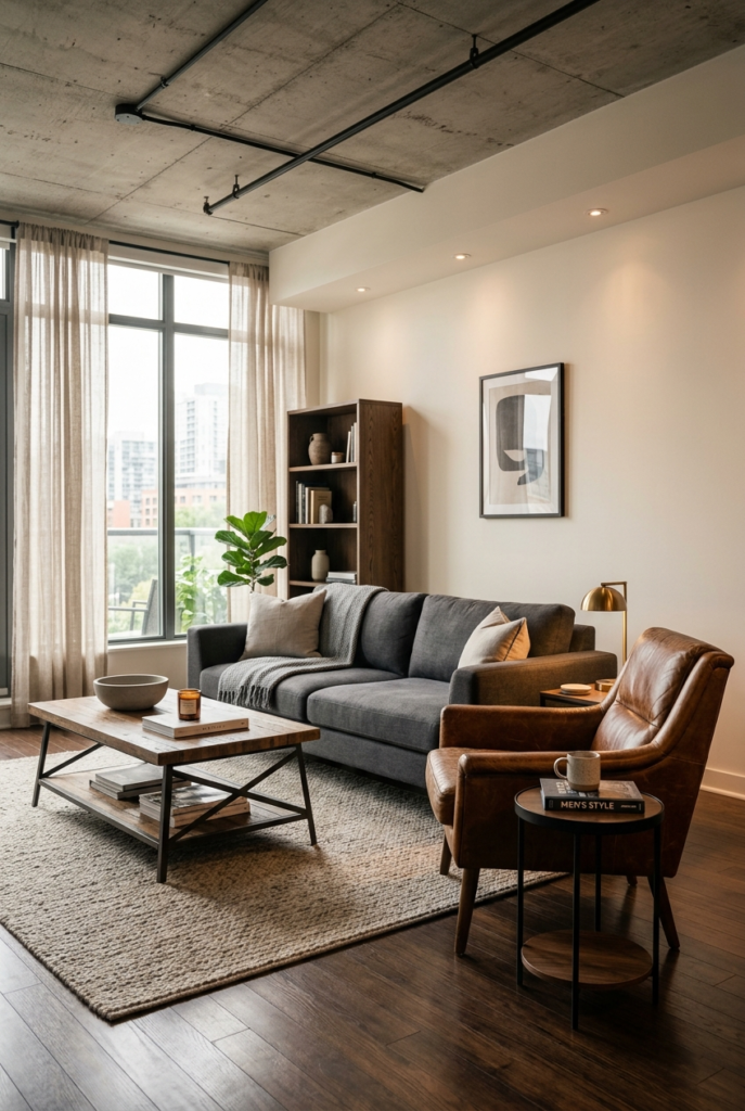 Leather accents in modern masculine living room