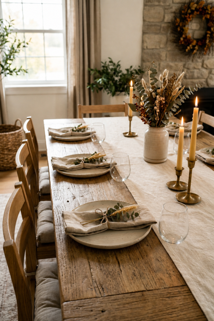 Simple place settings make the table feel neat, welcoming, and comfortable while keeping the focus on food and conversation.