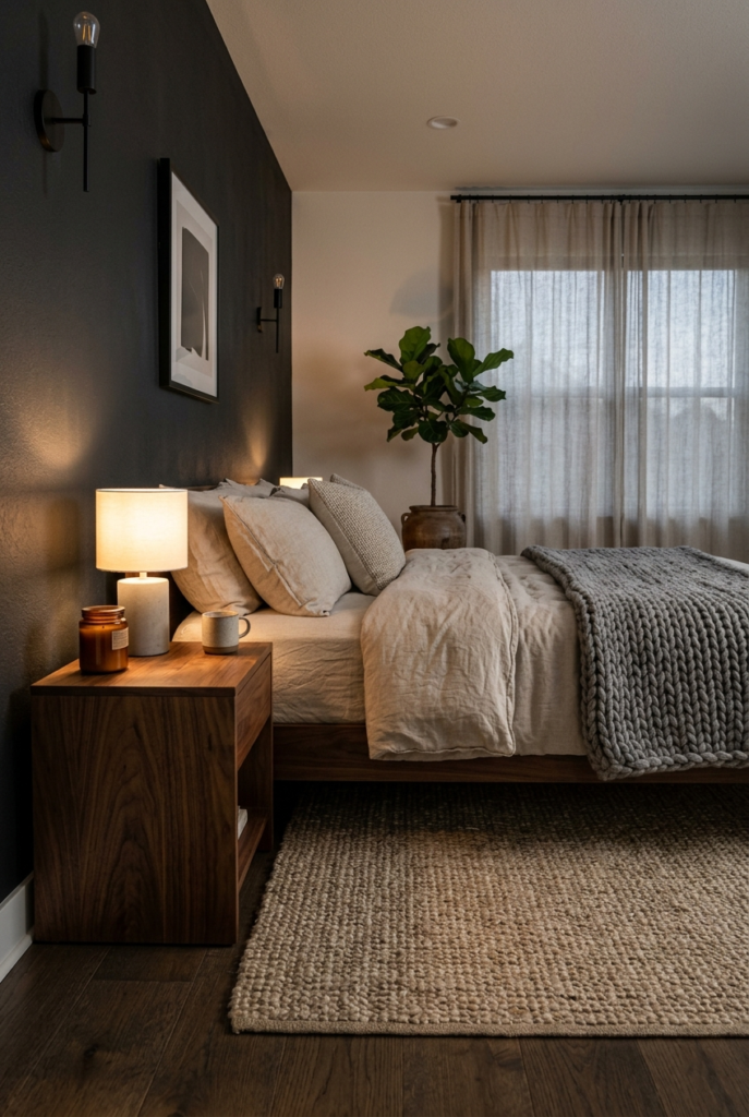 Textured decor in modern men’s bedroom
