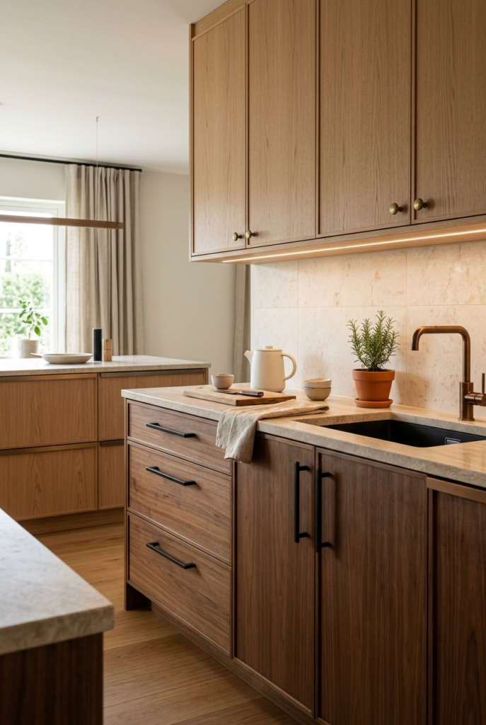 Dark hardware finishes in stylish kitchen