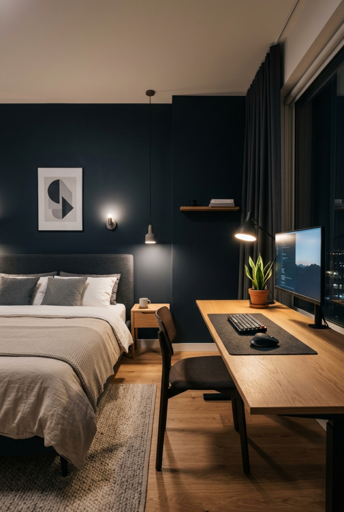 Minimal desk setup in modern bedroom