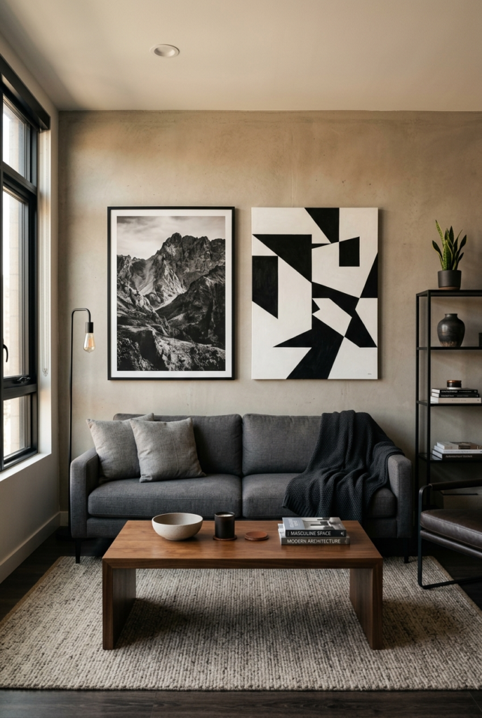 Minimal wall art in modern men’s living room