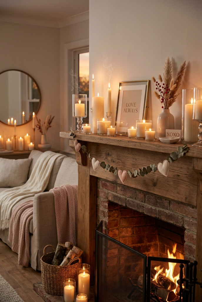 Mixed size candles on Valentine mantle decor
