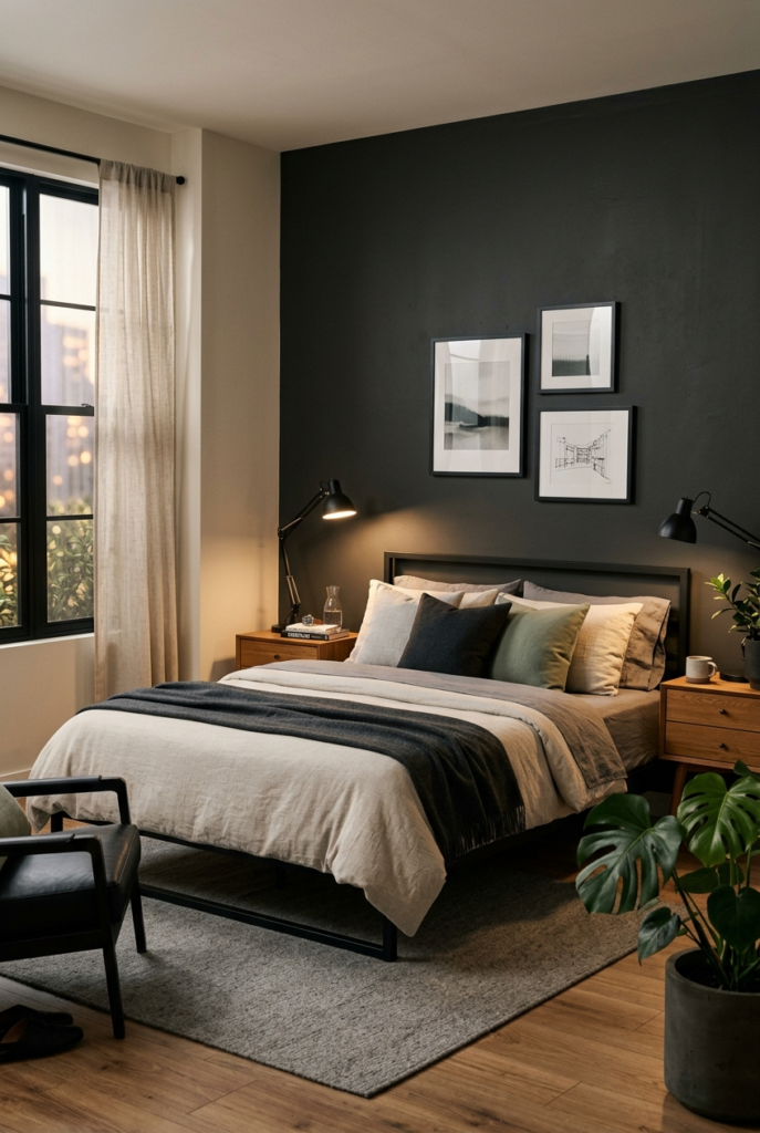 Black details in masculine bedroom decor