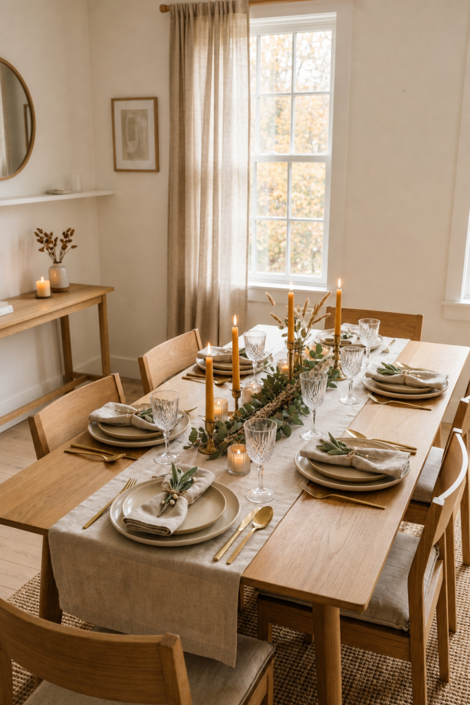 Keep nearby surfaces light and uncluttered to maintain a clean and airy dining space.
