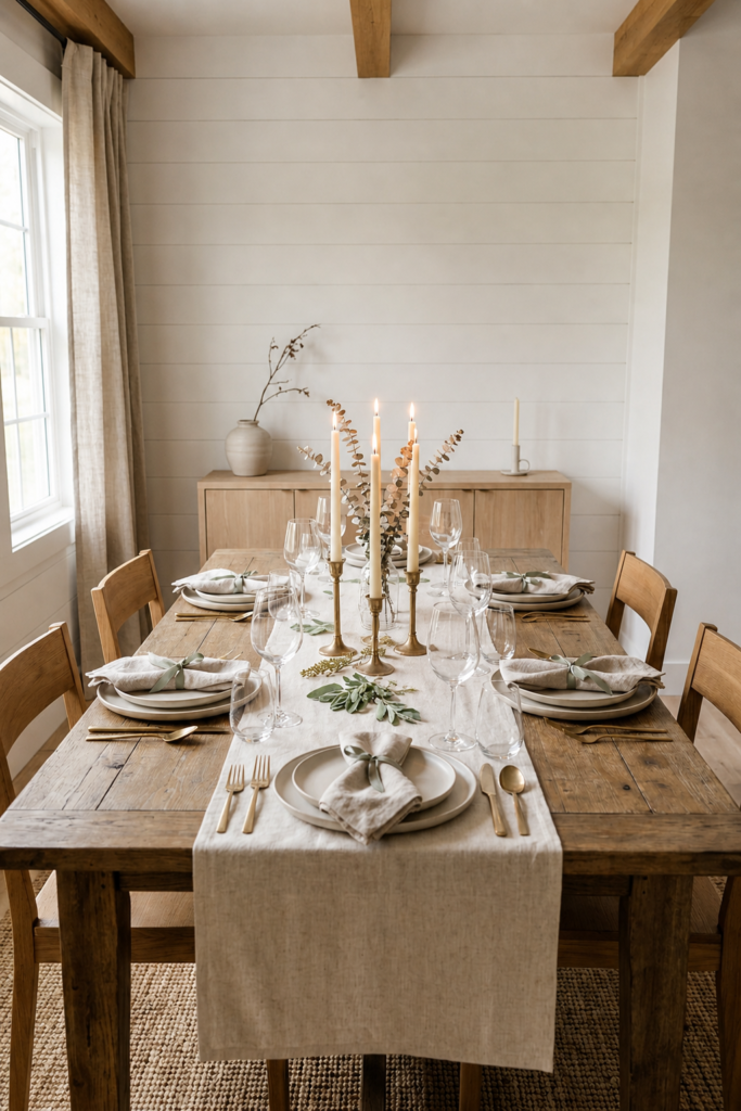 Keep nearby surfaces light and uncluttered to maintain a clean and airy dining space.
