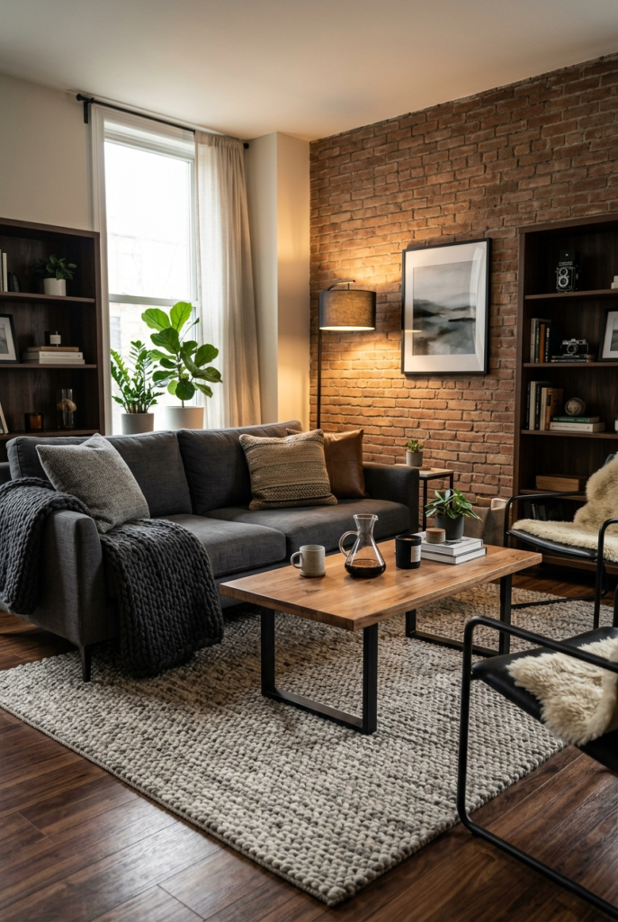Modern living room with layered fabric textures