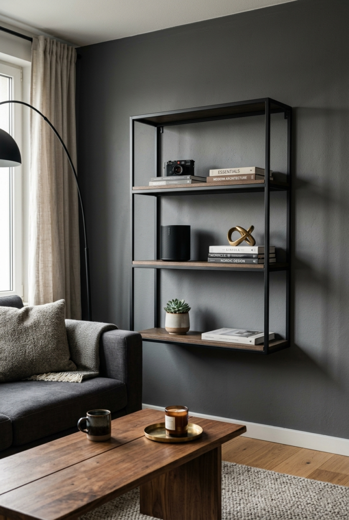 Neat open shelves in masculine interior design