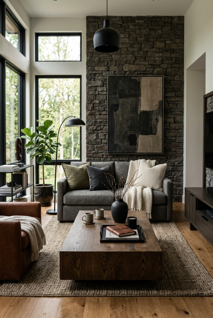 Natural materials in masculine living room design