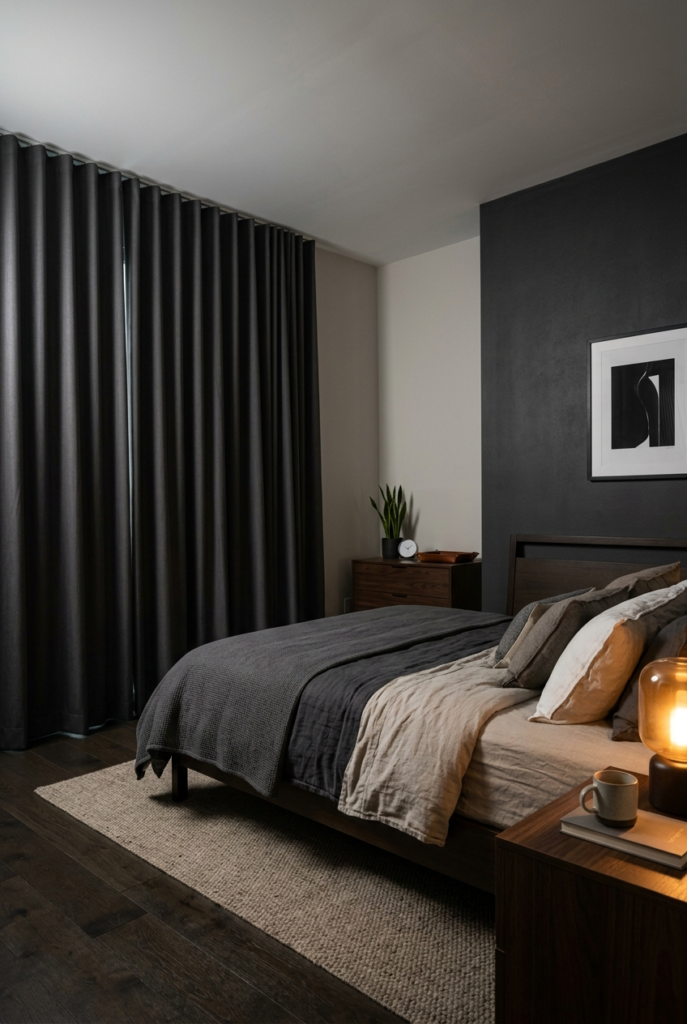 Blackout curtains in modern bedroom