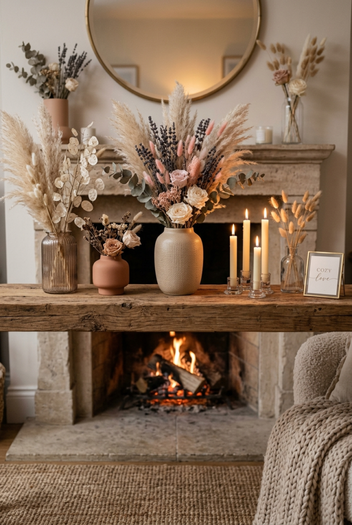 Fabric ribbons in elegant mantle decor