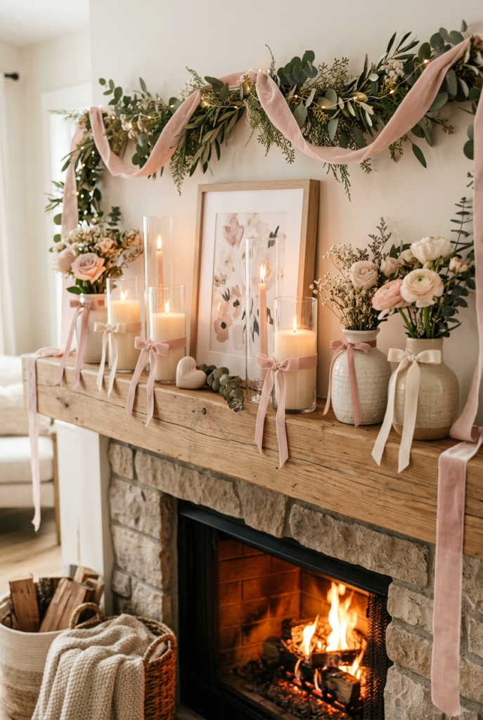 Ceramic vase collection on mantle decor