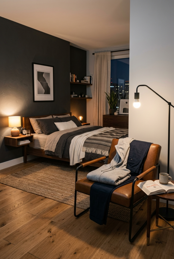 Functional chair in modern men’s bedroom