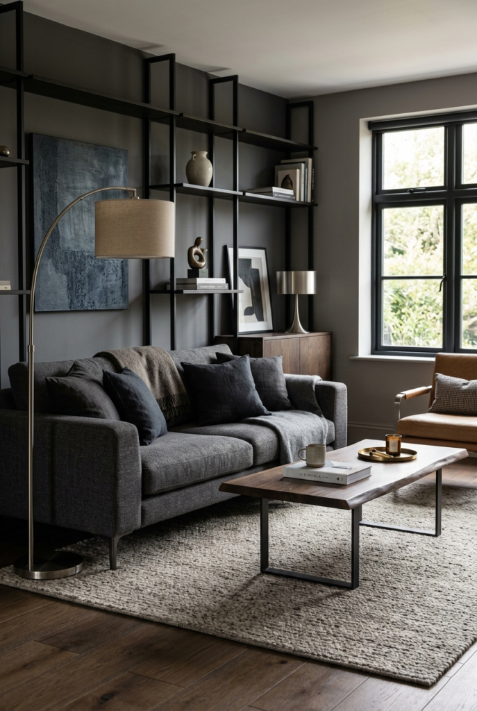 Metal details in masculine living room decor